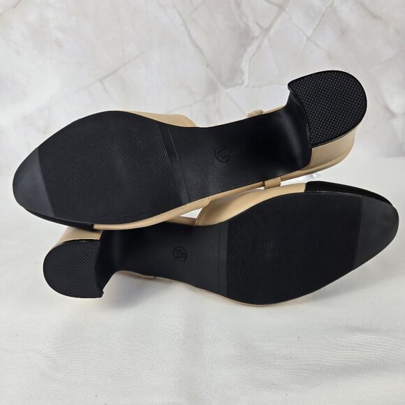 Unbranded Sz 39(US 8.5) Cream Slingback Heels Black Toe Cap Almond Toe - Picture 8 of 10